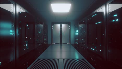 endless flight along server blocks. data center and internet. server rooms with working flickering panels behind the glass. technology corridor. seamless loop 3d render