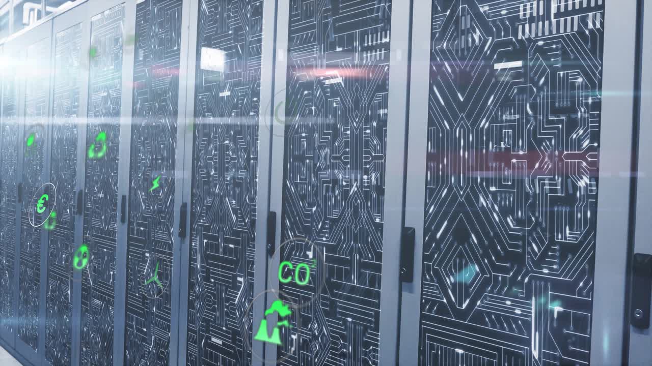 Slowly panning across server cabinets displaying green energy icons emphasizing efficiency