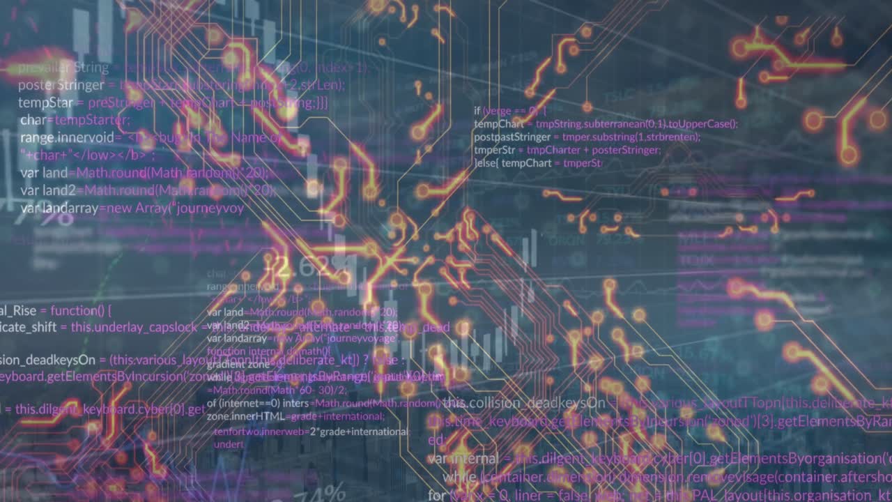 animación de la textura de la placa de circuitos y el gráfico sobre el lenguaje de programación en segundo plano