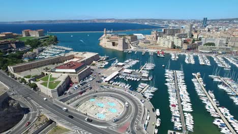 aerial of france, cote d'azur, menton, old port of marseille and sea in french riviera