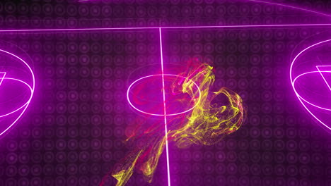animación de onda digital amarilla y rosa sobre el diseño del campo de fútbol púrpura de neón sobre fondo negro