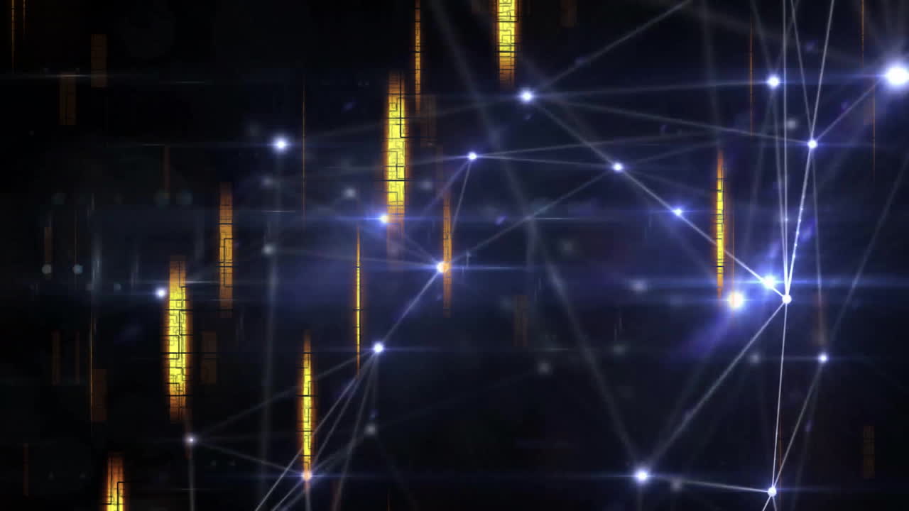 Glowing nodes and network connections animation over dark background with vertical lights
