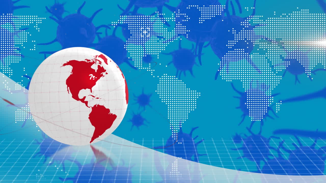 세계 지도와 전 세계에 있는 코로나 19 세포의 애니메이션과 연결