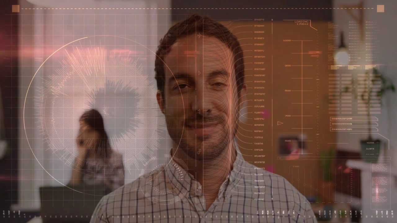 Standing man center watching HUD appearing over face, closing eyes then smiling, showing analytics