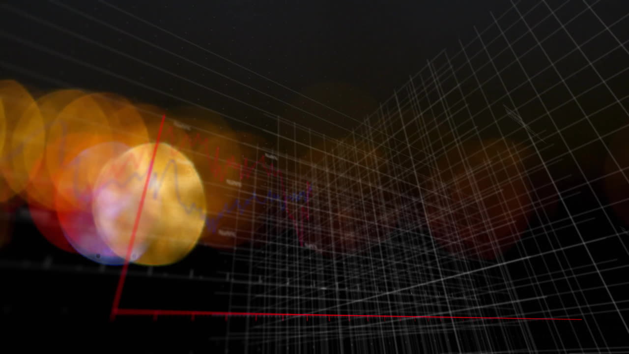animación de gráficos de barras y líneas sobre un fondo abstracto con elementos brillantes