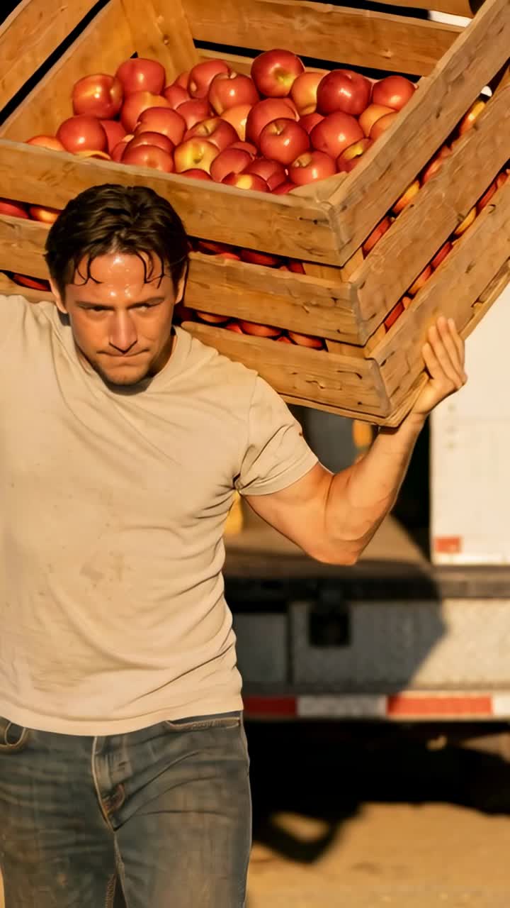 Video verticale: Scendendo dal camion, un uomo in forma in maglietta e jeans che trasporta una cassa di mele per la consegna