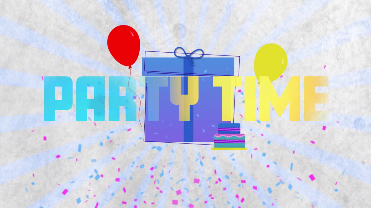 Gift box, balloons, and confetti animation celebrating over colorful background