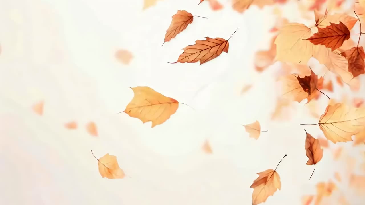 Foglie autunnali che cadono delicatamente, riprese da una prospettiva ad angolo elevato, creando un'atmosfera serena e rilassante