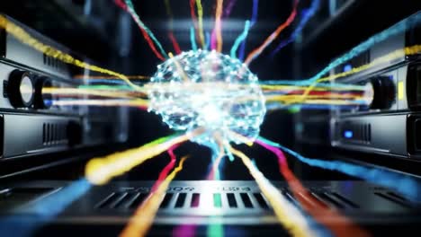 in a futuristic server room, vibrant streams of data flow from powerful servers, creating a digital representation of intelligence and connectivity.