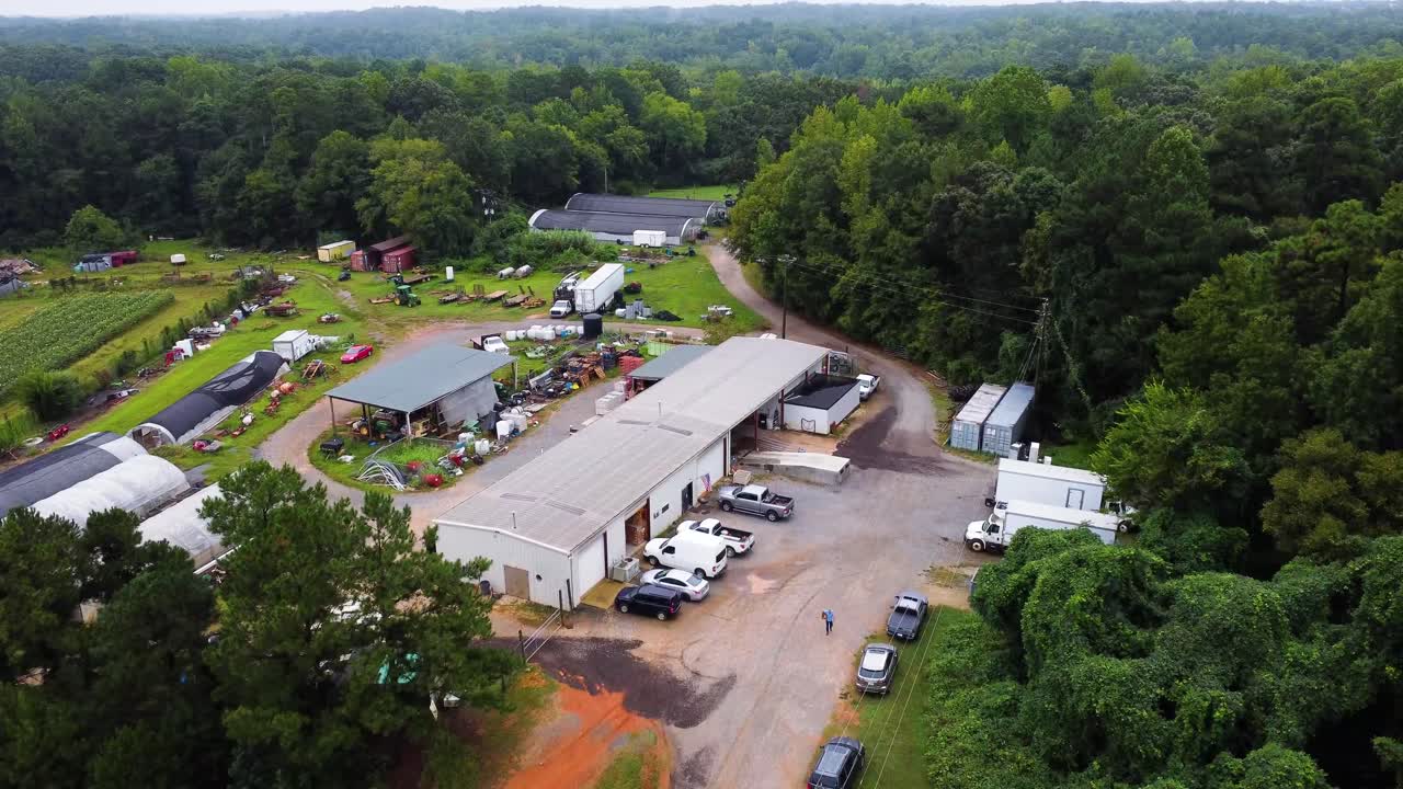 Fort Mill farm office and cabins, South Carolina, USA, Aerial View