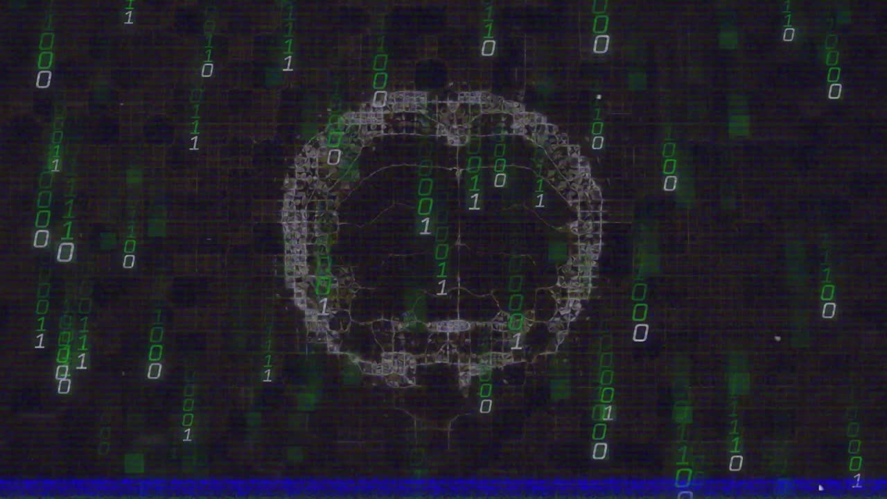 Static line appearing wireframe brain emerging while binary streams cascading to show data flow