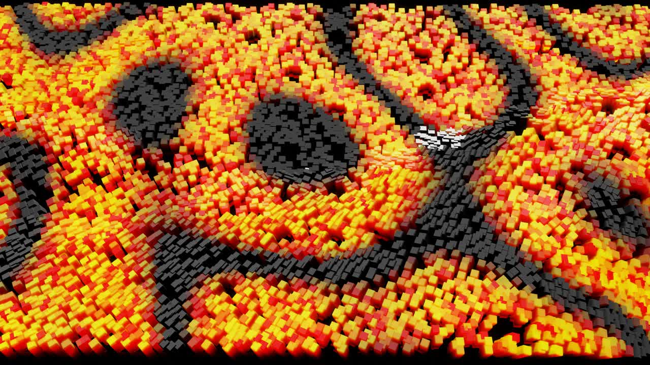 오렌지색의 파동은 반이는 블록을 따라 달려서 마치 장미처럼 파동하는 표면에 아름다운 패턴을 형성합니다. 4k 추상적인 루프 bg, 산호처럼 흔들리는 막대기. 추상적인 그라디언트 패턴. vj 루프 모션.