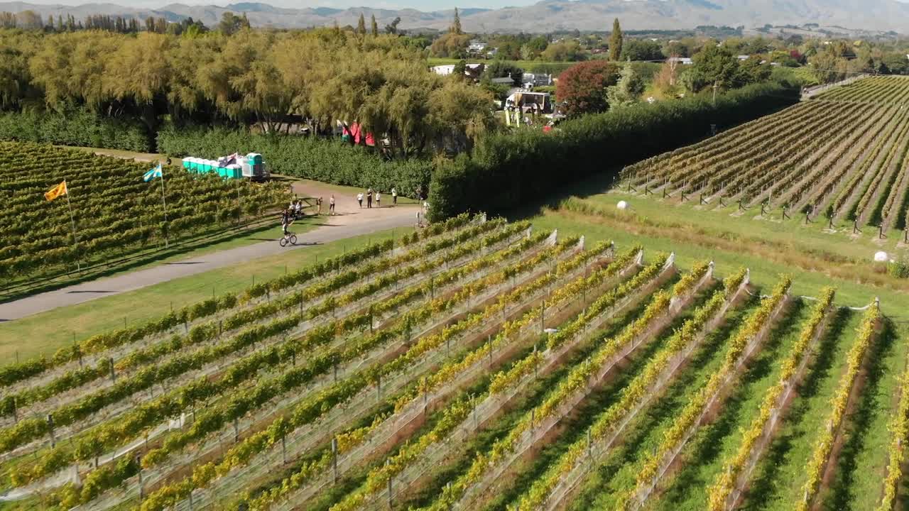 antena - motociclista terminando su carrera con montañas en el fondo en una bodega en marlborough, nueva zelanda