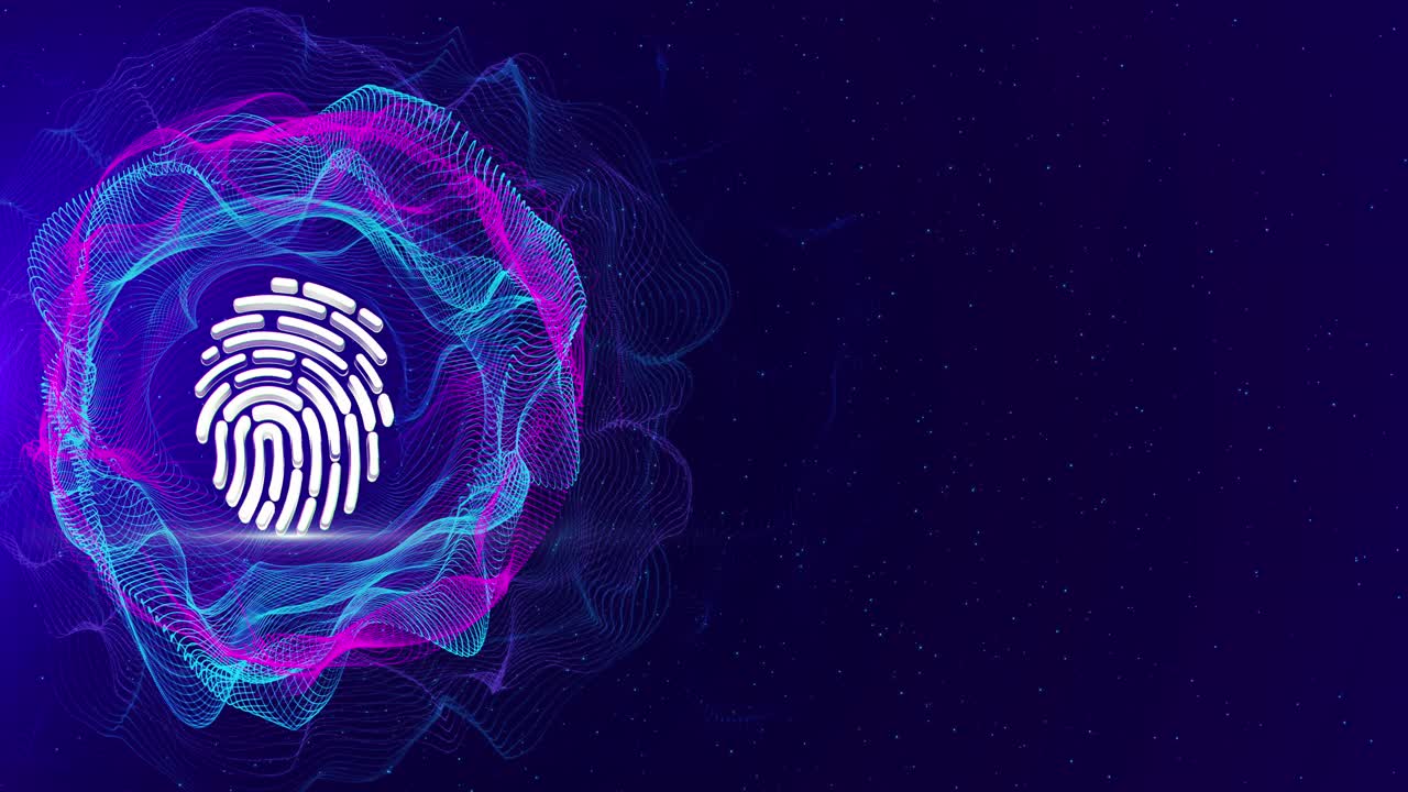 Digital fingerprint identification hologram on future tech background biometric encryption security