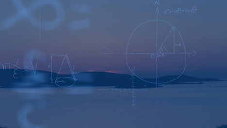 Mathematical equations and geometric shapes animation over serene coastal landscape