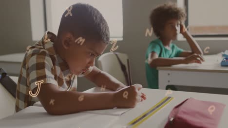 Animation-of-letters-floating-over-bust-african-american-schoolboy-writing-at-desk-in-class