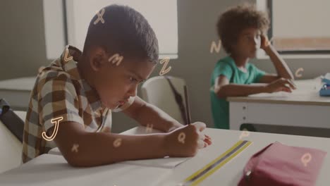 animation of letters floating over bust african american schoolboy writing at desk in class