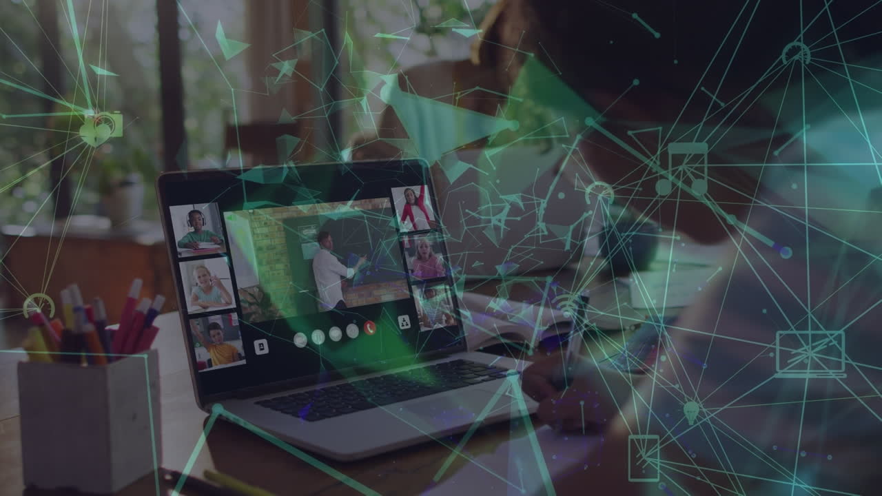 animación de una red de conexiones sobre una colegiala caucásica usando una computadora portátil