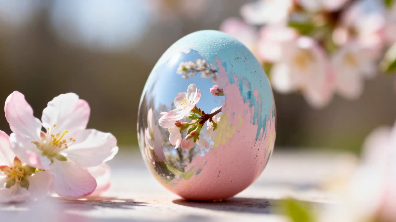 Panning camera revealing rotating painted pastel egg on garden table, showing blossom reflection