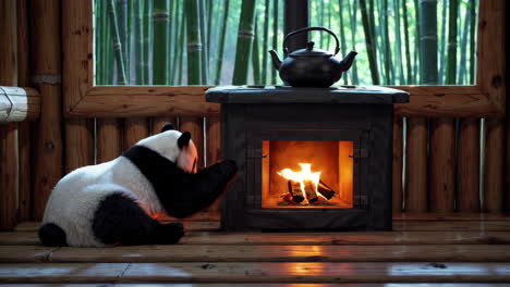 panda by the fireplace in a bamboo forest