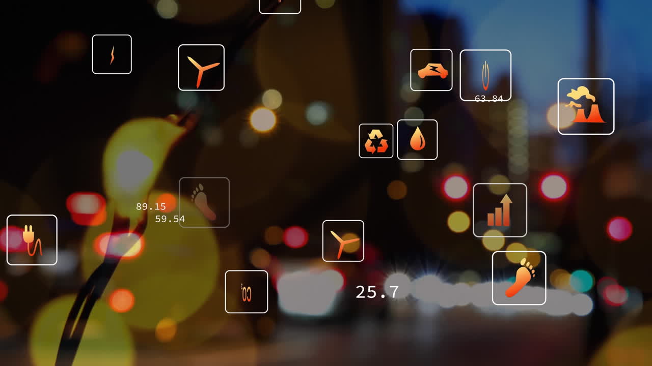 도시에서 거리에서 움직이는 차량과 흐릿한 렌즈 플레어에 대한 여러 아이콘의 애니메이션