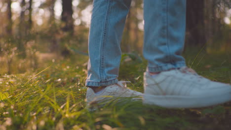 vista lateral de un individuo caminando a través de un bosque exuberante, vaqueros y zapatillas blancas iluminados por la cálida luz solar que se filtra a través de los árboles, creando un ambiente en el suelo cubierto de hierba verde