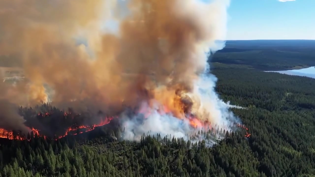 Vista aerea di un grande incendio boschivo che brucia tra alberi di conifere