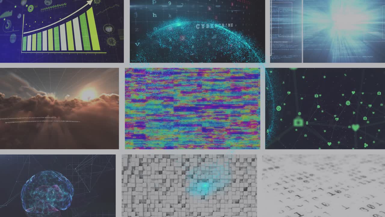 빛나는 파란색 글로벌 네트워크의 애니메이션은 복합 화면에서 재생되는 다채로운 클립을 통해