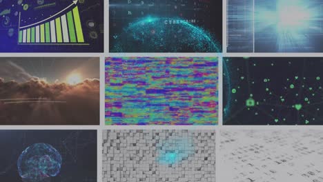 Animation of glowing blue global network over colourful clips playing on composite screens