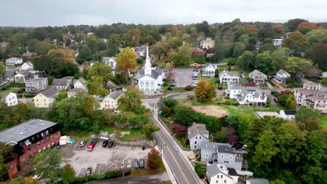 aerial over church in mystic connecticut