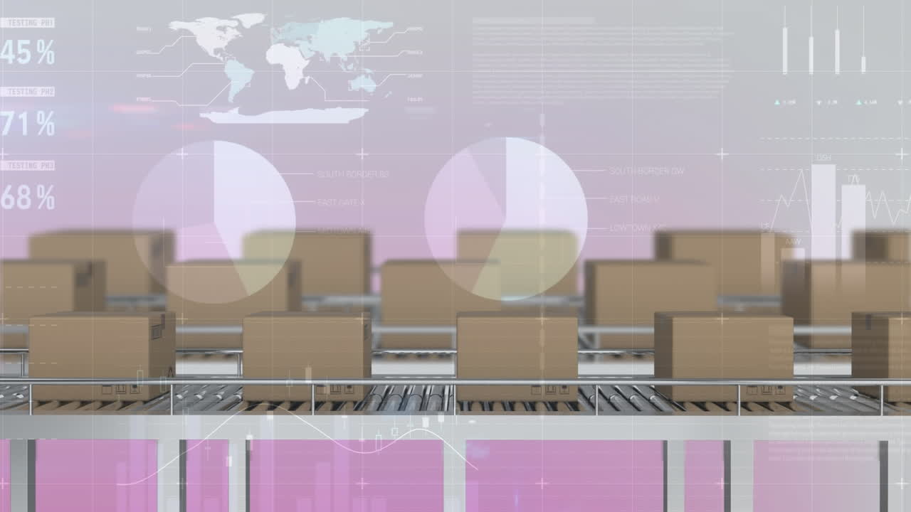 컨베이어 벨트에 있는 카드보드 상자 위에서 금융 데이터 처리의 애니메이션