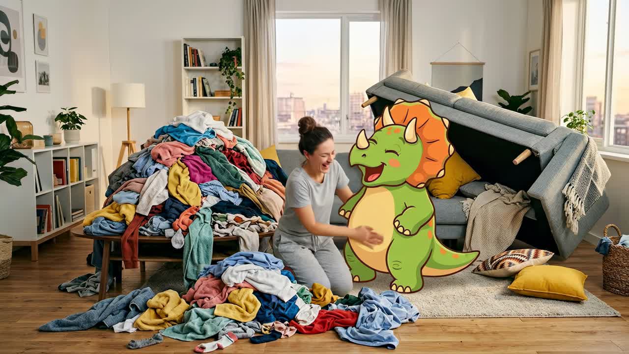 Woman and Cartoon Dinosaur Playing with Laundry in Messy Living Room