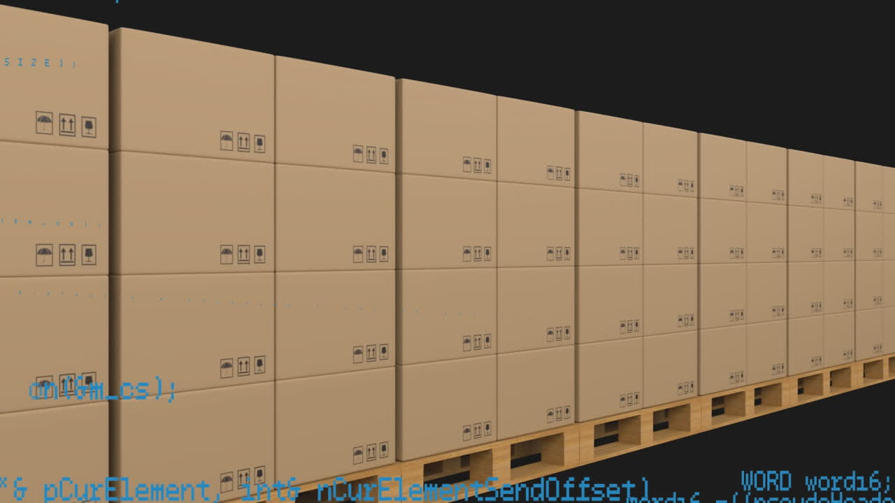 컨베이어 벨트에 있는 카드보드 상자 위의 데이터 처리 애니메이션