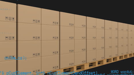 animation of data processing over cardboard boxes on conveyor belt