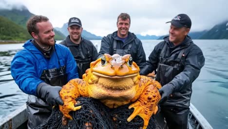 un grupo de hombres de pie uno al lado del otro en un barco sosteniendo un gran sapo