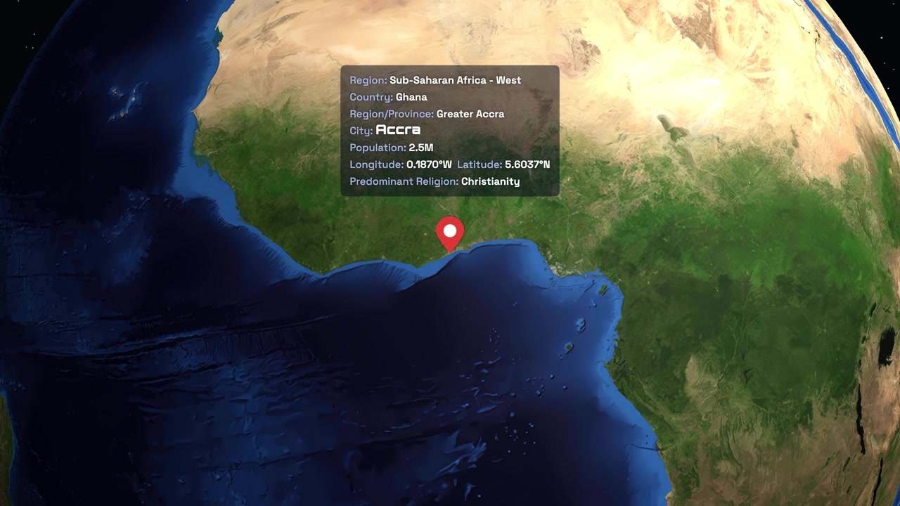 Digital globe rotates and zooms into West Africa, displaying demographic information for Accra, Ghana