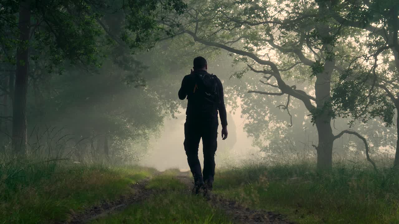 Man Walking on a Foggy Path in a Forest