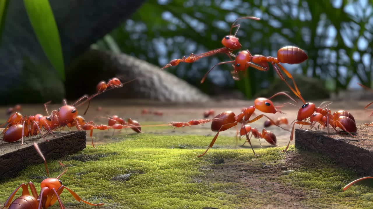 A colony of red ants on a mossy forest floor