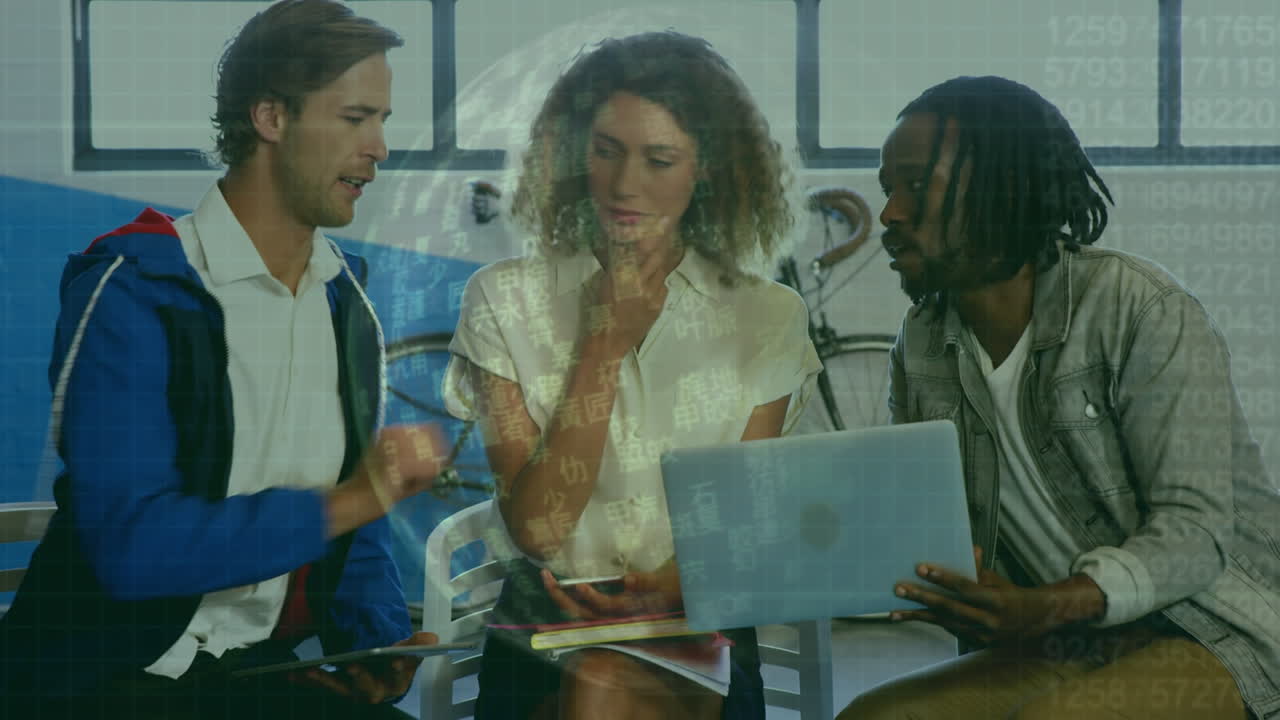 Animation of globe with connections over diverse business people using electronic devices