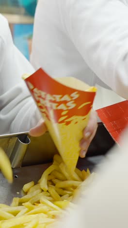 serving freshly cooked french fries into a cone