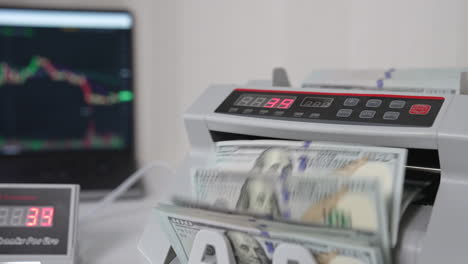 man puts a wad of usd dollars into cash counting equipment. banknotes with benjamin franklin portrait turning in the machine. close up.