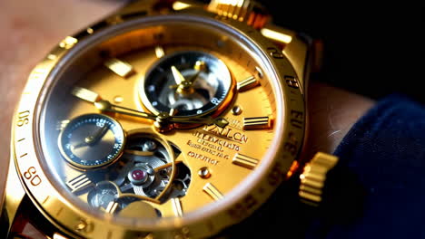 close-up of a gold skeleton watch on a wrist