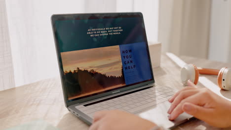 website, research and laptop with hands of woman