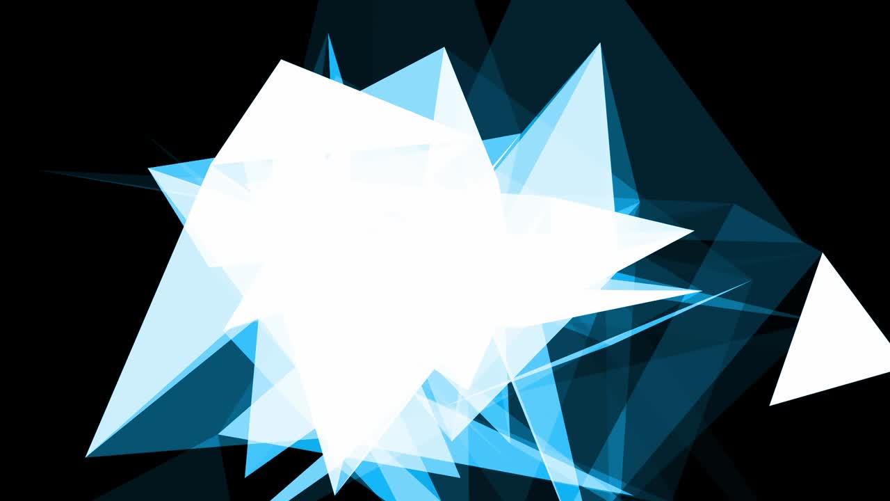 Abstract animation of rotating blue and white geometric shapes and triangles on black background. For tech, corporate, or modern visuals
