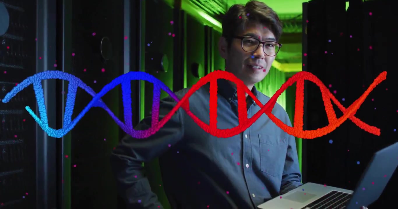 Tech typing on laptop in server starting particles forming DNA helix overlaying chest showing data