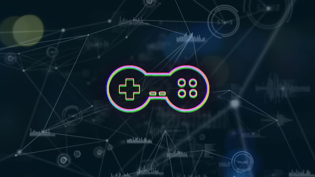 Animação de ícone de controle de jogo, rede conectando pontos com gráficos em interface digital.