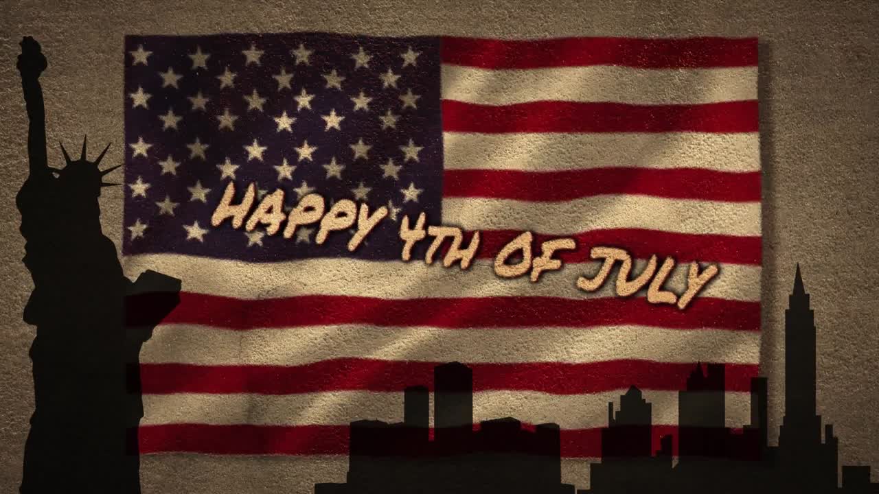 Independence Day text over US flag against silhouette of statue of Liberty and cityscape
