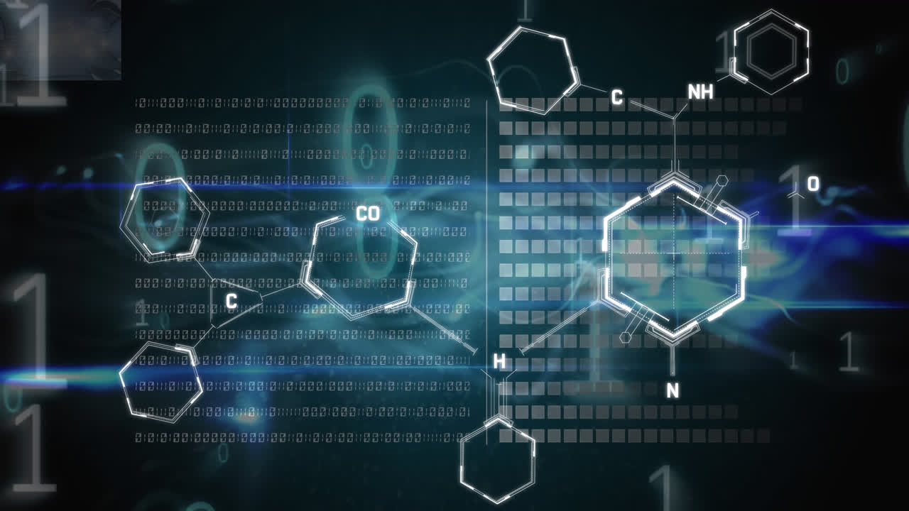 animazione di strutture chimiche e codifica binaria contro onde digitali blu e elaborazione dei dati
