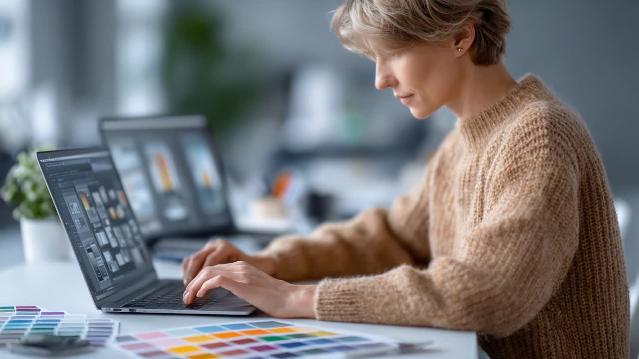 A Focused Individual Engaging in Creative Work on a Laptop Surrounded by Color Palettes in a Modern Workspace