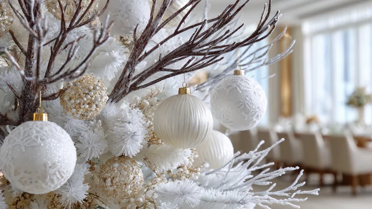 A Beautifully Decorated White Christmas Tree with Elegant Ornaments and Glimmering Accents, Creating a Cozy Festive Ambiance for Holiday Celebrations